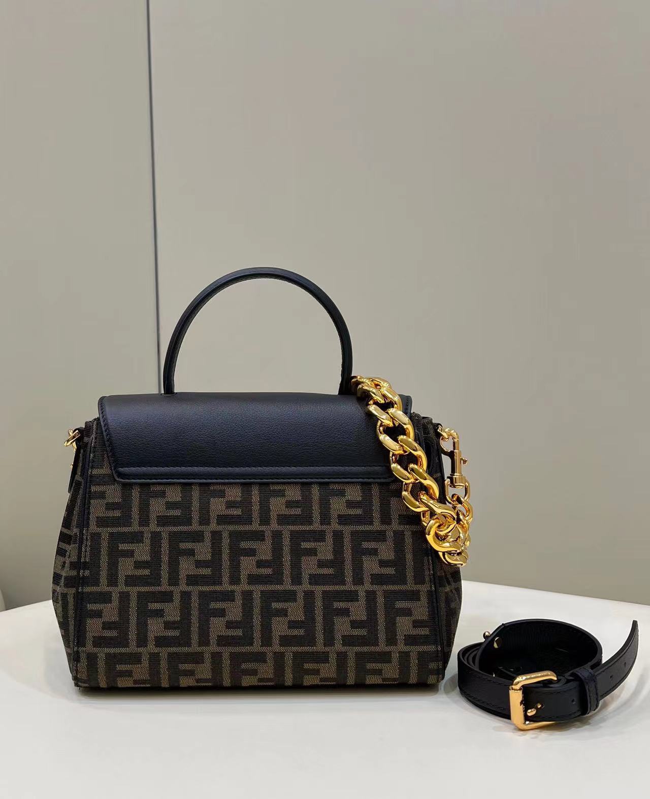 Fend1 Fendace La Medusa Medium Handbag Gold Baroque Print  8.6H 9.9W 5.9D